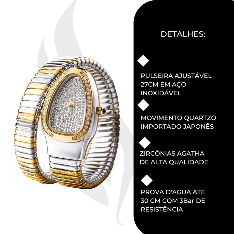 Relógio Serpente Feminino - Visor Cravejado 33mm + Kit Trevo Virginia Brinde