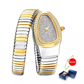 Relógio Cobra Serpente - Visor Cravejado - Pulseira Ajustável em Aço Inoxidável
