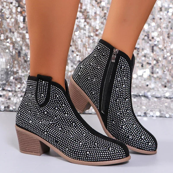 Bota Feminina De Inverno Design Com Strass Salto Grosso Curto - Promoção de Inverno 2025