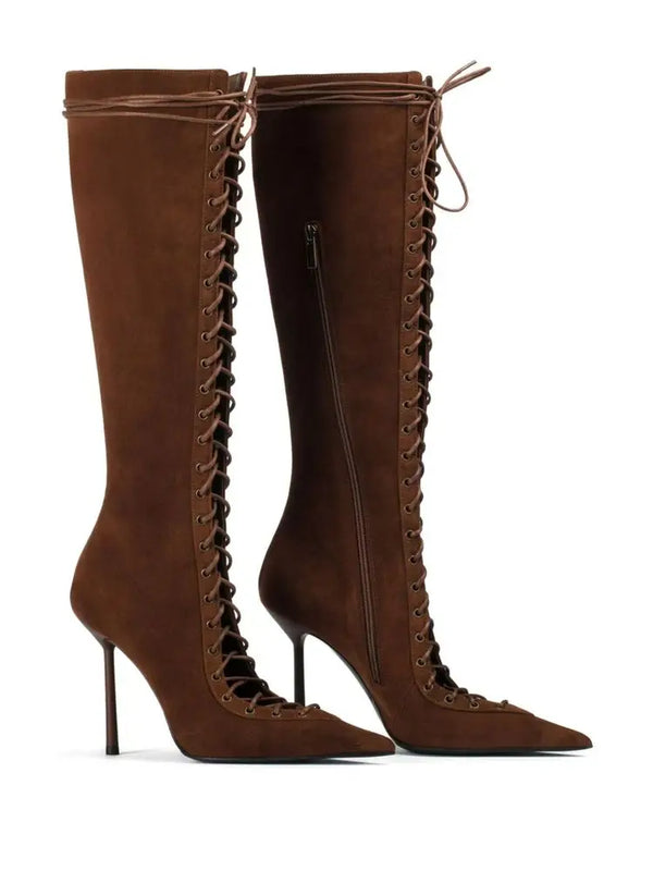 Bota Feminina De Inverno Com Amarrações De Joelho Salto Alto Fino - Promoção de Inverno 2025