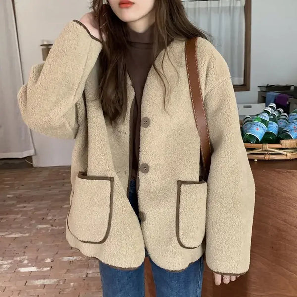 Casaco Feminino Elegante De Inverno Com Bolsos Gola Curta Macia -  Promoção de Inverno 2025