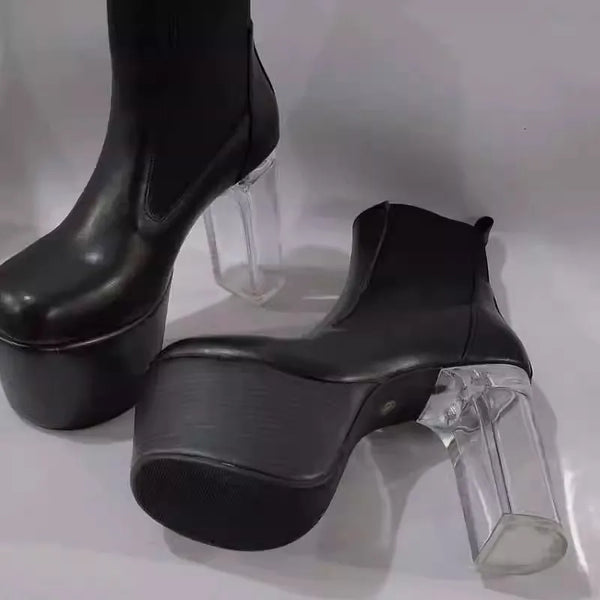 Bota Feminina De Inverno Elegante Meia Pata Alta Salto Transparente Cano Curto - Promoção De Inverno 2025