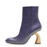 Bota Média Feminina Bico Fino Com Salto Assimétrico Dourado Tendência