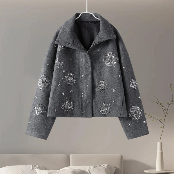 Casaco Feminino De Inverno  Estampa De Flocos De Neve Gola Em Pé - Promoção De Inverno 2025