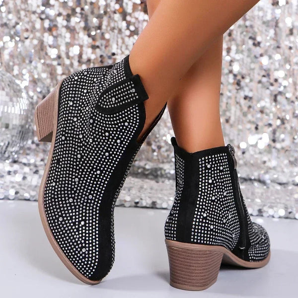Bota Feminina De Inverno Design Com Strass Salto Grosso Curto - Promoção de Inverno 2025