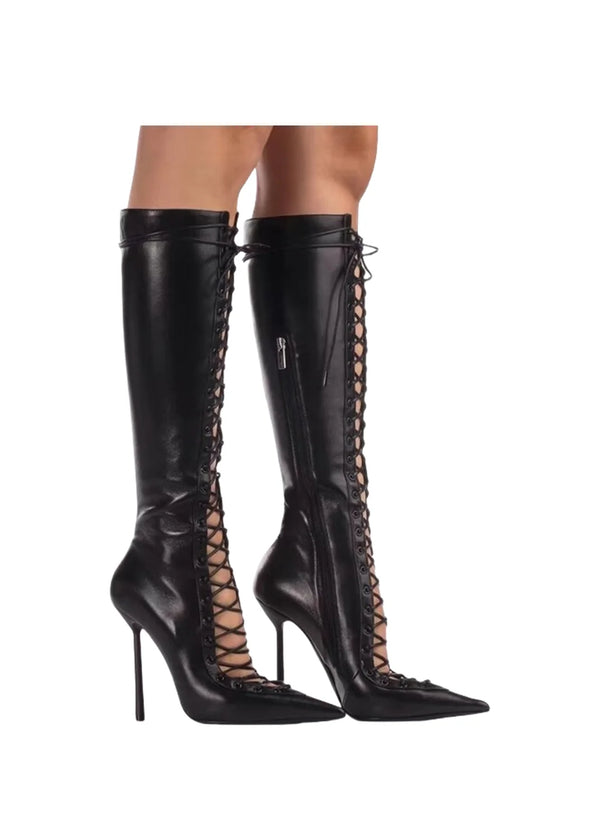 Bota Feminina De Inverno Com Amarrações De Joelho Salto Alto Fino - Promoção de Inverno 2025