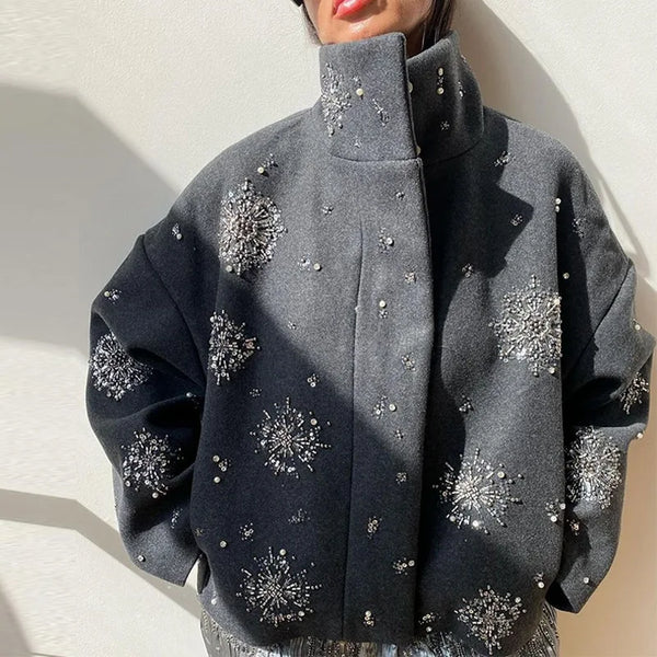 Casaco Feminino De Inverno  Estampa De Flocos De Neve Gola Em Pé - Promoção De Inverno 2025
