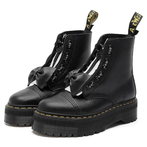 Bota Feminina De Inverno Casual De Zíper Com Laço Sola Grande   - Promoção De Inverno 2025
