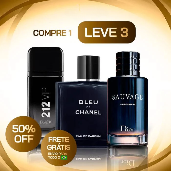 KIT 3 Perfumes Masculinos Importados (100ml cada) - Sauvage Dior | Bleu de Chanel | 212 Vip Black - LZ66