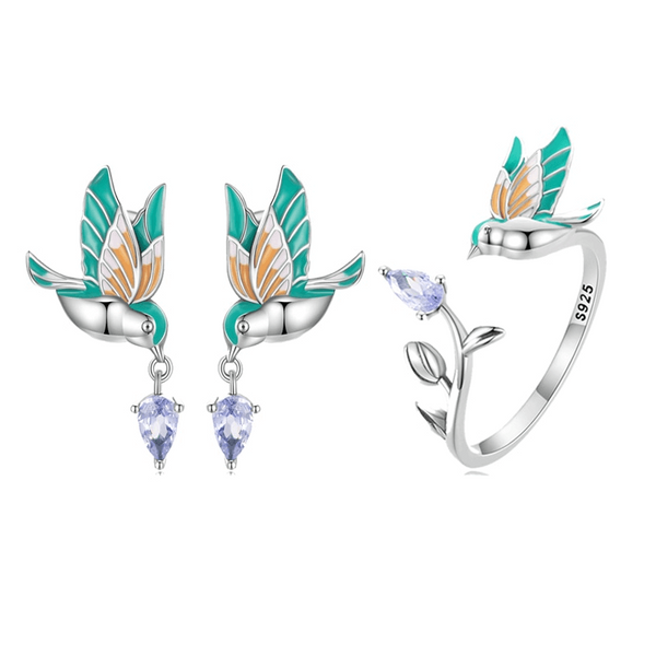 Conjunto Beija-Flor - Par de Brincos e Anel  - Prata 925 e Zircônia