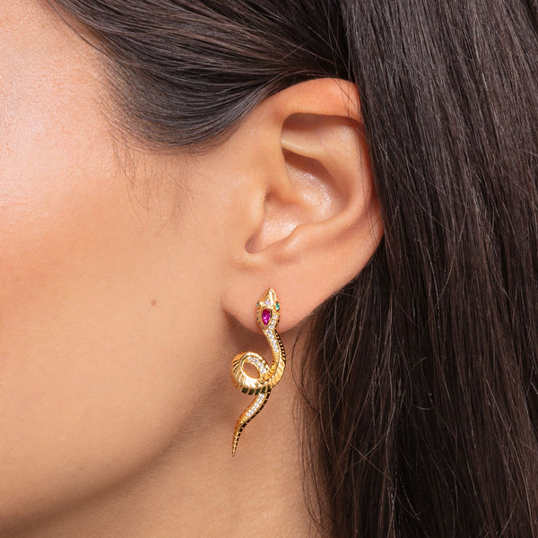 Brincos Cobra - Longo Prata 925 Banho Ouro 18K e Zircônias