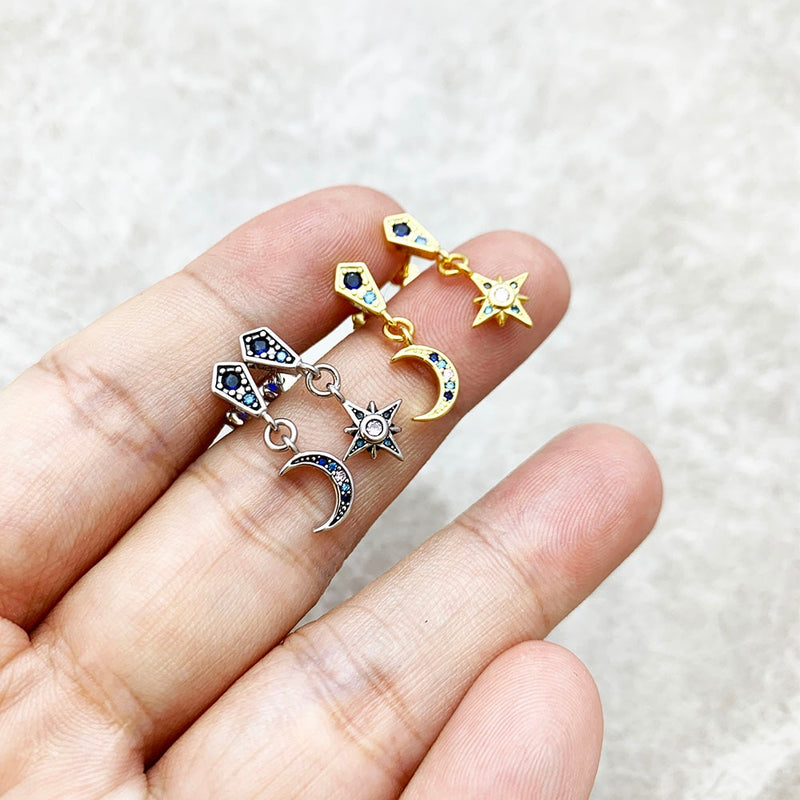 Brincos Longos Estrela e Lua - Banho Ouro 18K